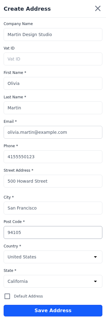Create Address panel with a street address in San Francisco