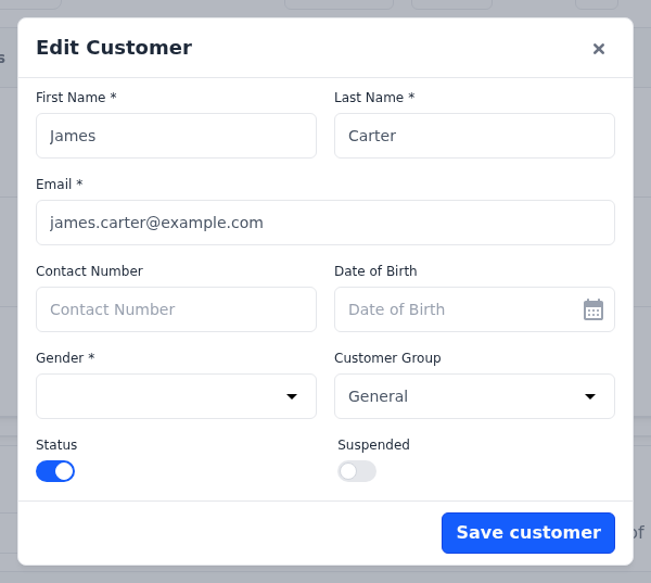 Edit Customer dialog with the Status and Suspended switches