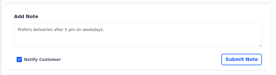 Add Note card with a note typed and Notify Customer ticked