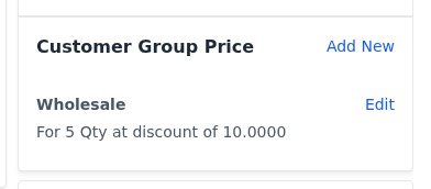 Customer Group Price block of a product with a Wholesale group price and the Add New link