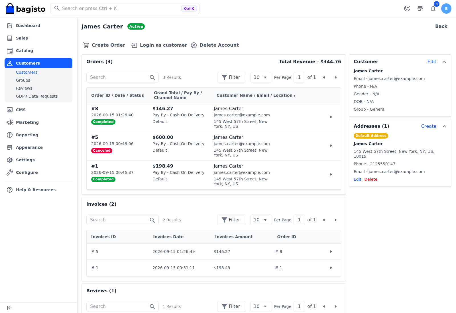 A customer's page with the Create Order, Login as customer and Delete Account actions, the Orders, Invoices and Reviews cards, and the Customer and Addresses cards