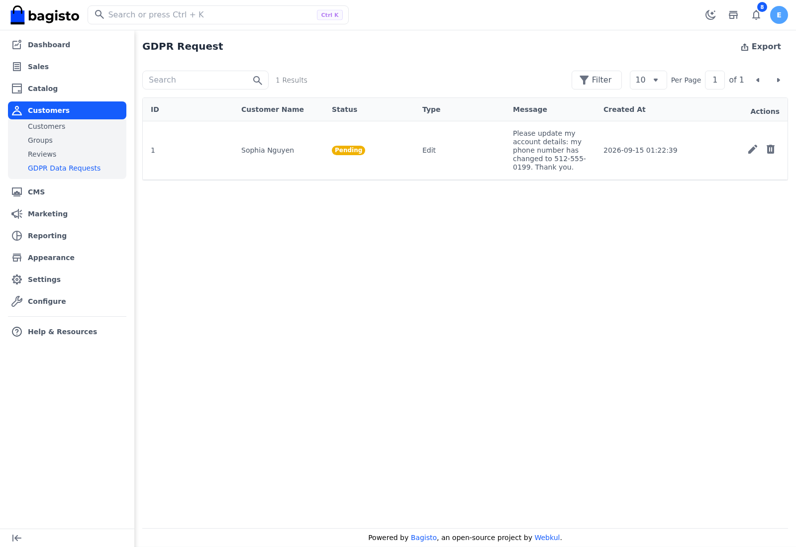 GDPR data requests list with a pending update request