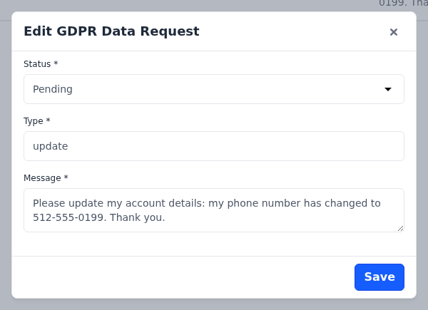 Edit GDPR Data Request dialog with Status, Type and Message