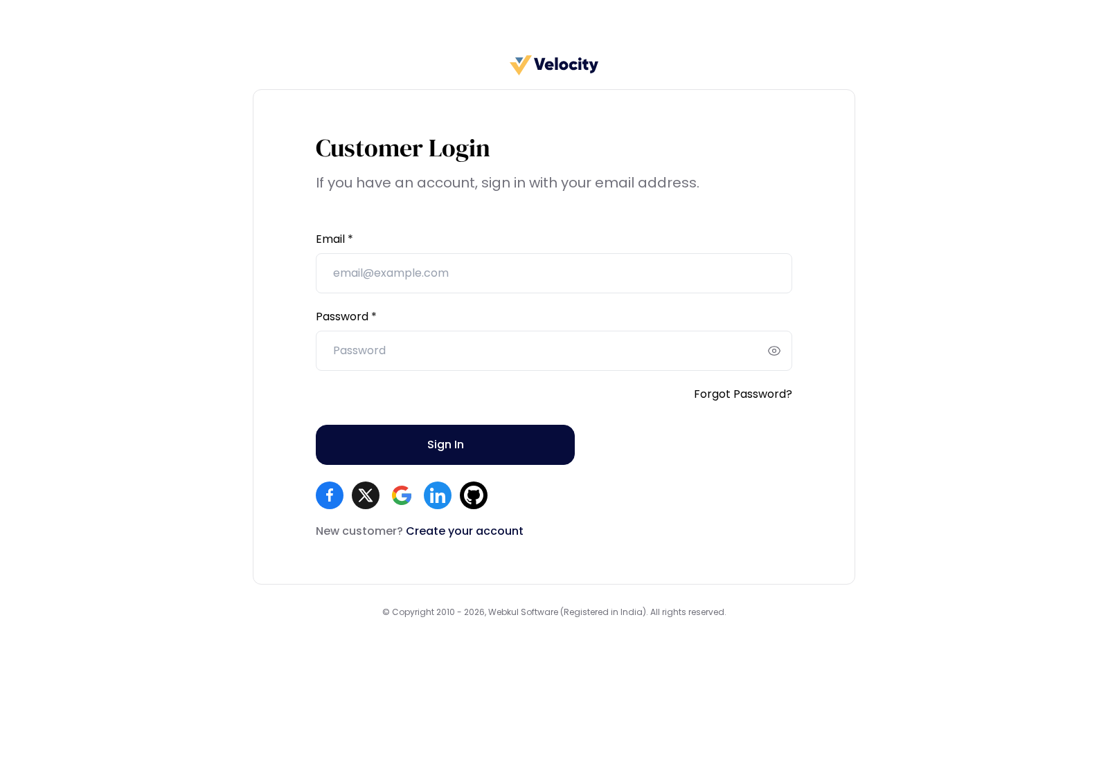 Customer Login page with the email and password fields and the social sign-in buttons