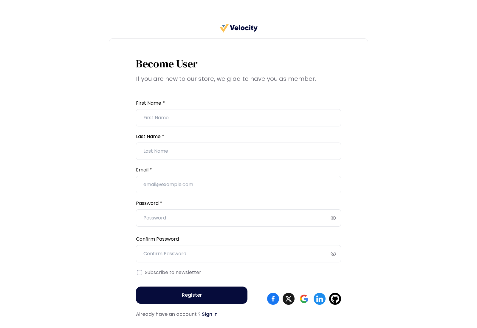 Become User sign-up page with the name, email, password and newsletter fields