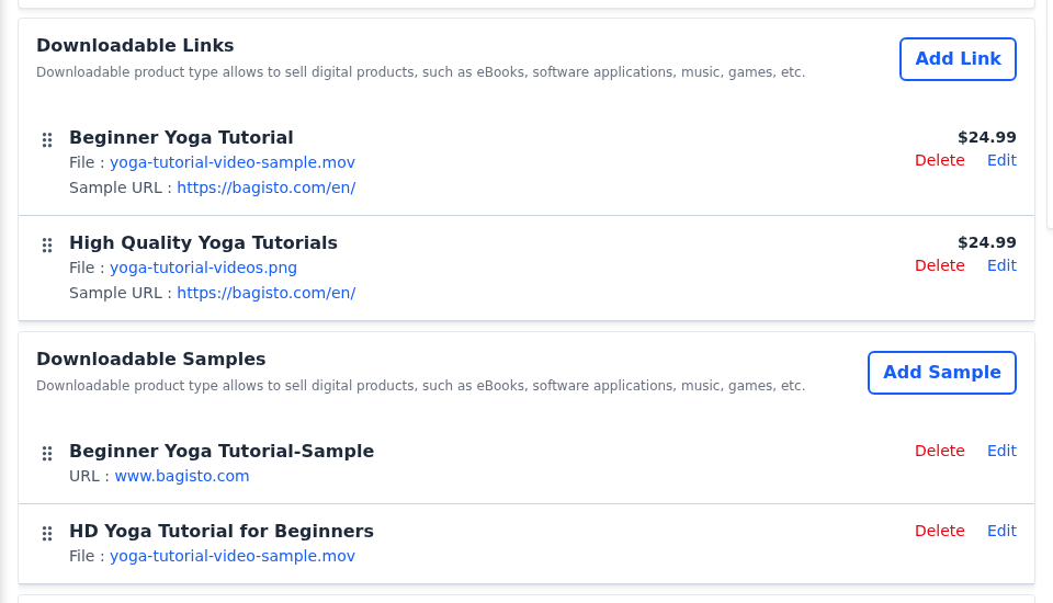 Downloadable Links and Downloadable Samples sections with two links and two samples