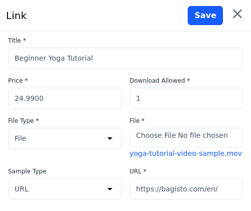 Link panel with Title, Price, Download Allowed, File Type and sample fields