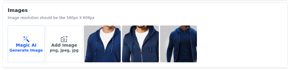 The Images section of a product with the Magic AI Generate Image tile beside Add Image