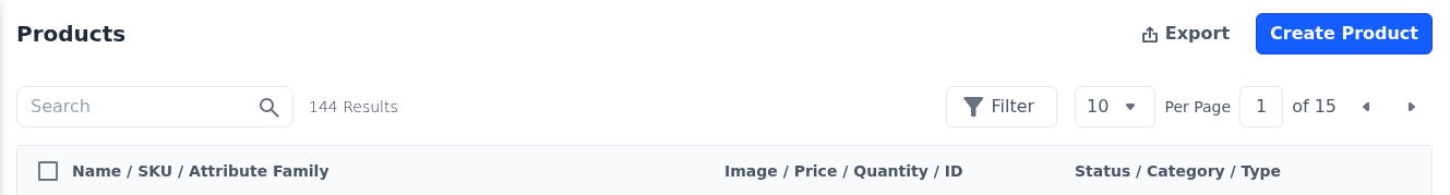 Top of the Products list with the Search box, Filter button, Per Page selector, page arrows and Export button