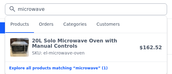 Header search results for microwave on the Products tab