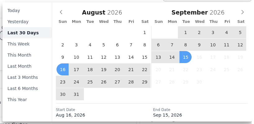 Date range picker on the dashboard with its presets and calendar