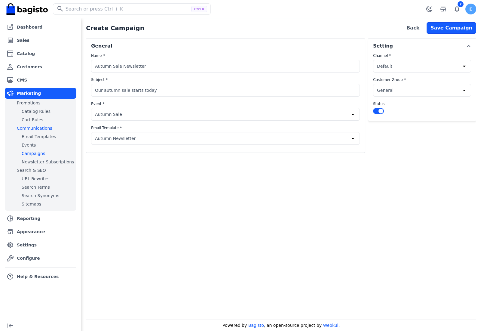 The Create Campaign page with the Autumn Sale event, the Autumn Newsletter template, the Default channel and the General group