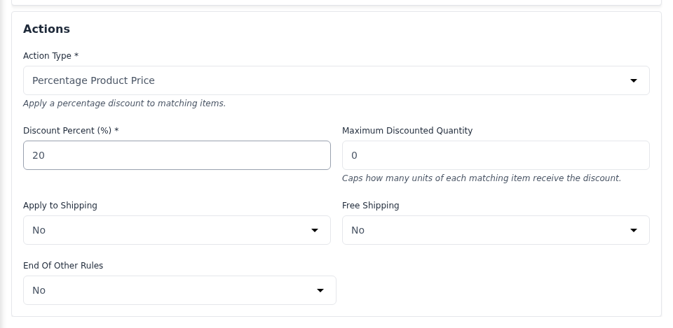 The Actions section with Percentage Product Price and a 20 percent discount