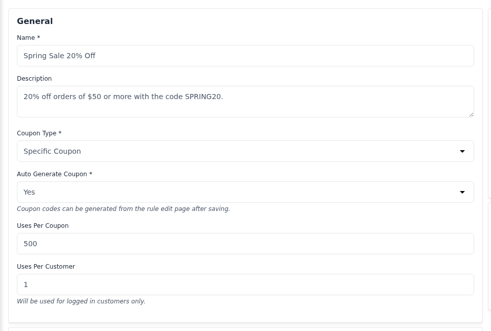 The General section with Specific Coupon, Auto Generate Coupon set to Yes and the note about generating codes after saving