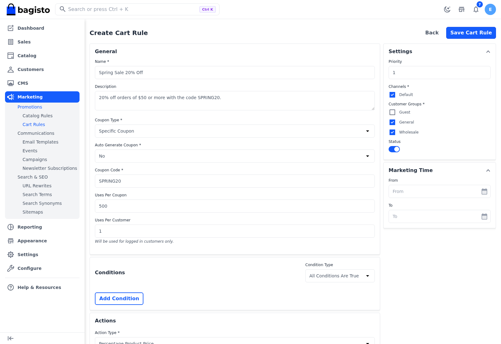 The Create Cart Rule page with the General section and the Settings and Marketing Time panels