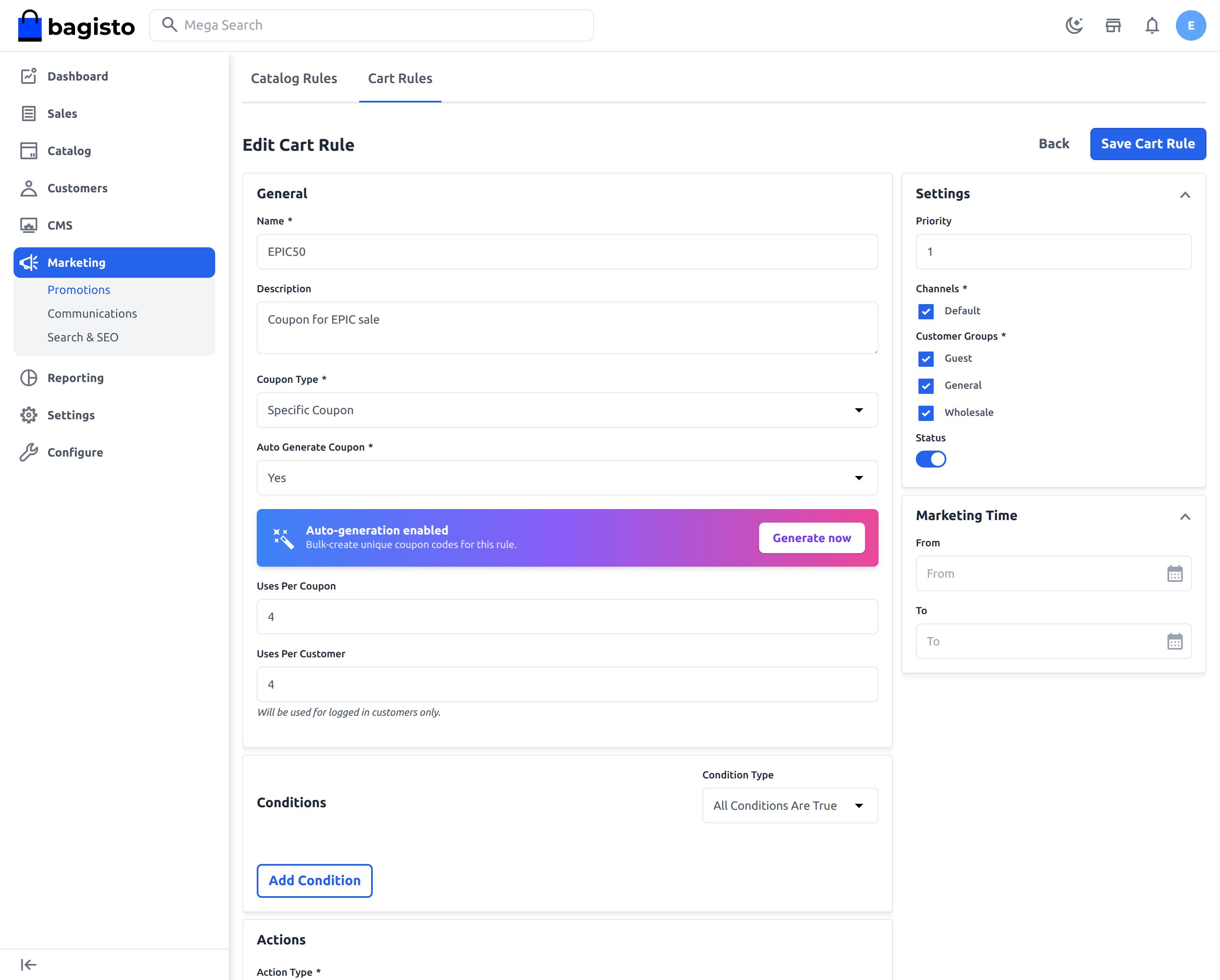 Create Cart Rule Coupon
