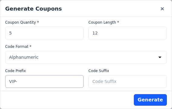 The Generate Coupons dialog with a quantity of 5, a length of 12, the Alphanumeric format and a VIP- prefix