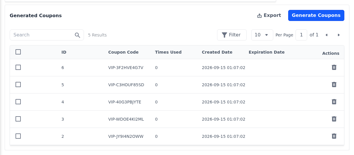 The Generated Coupons section of a cart rule with the list of generated codes