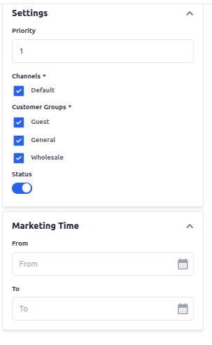 Create Cart Rule Right Sidebar Settings
