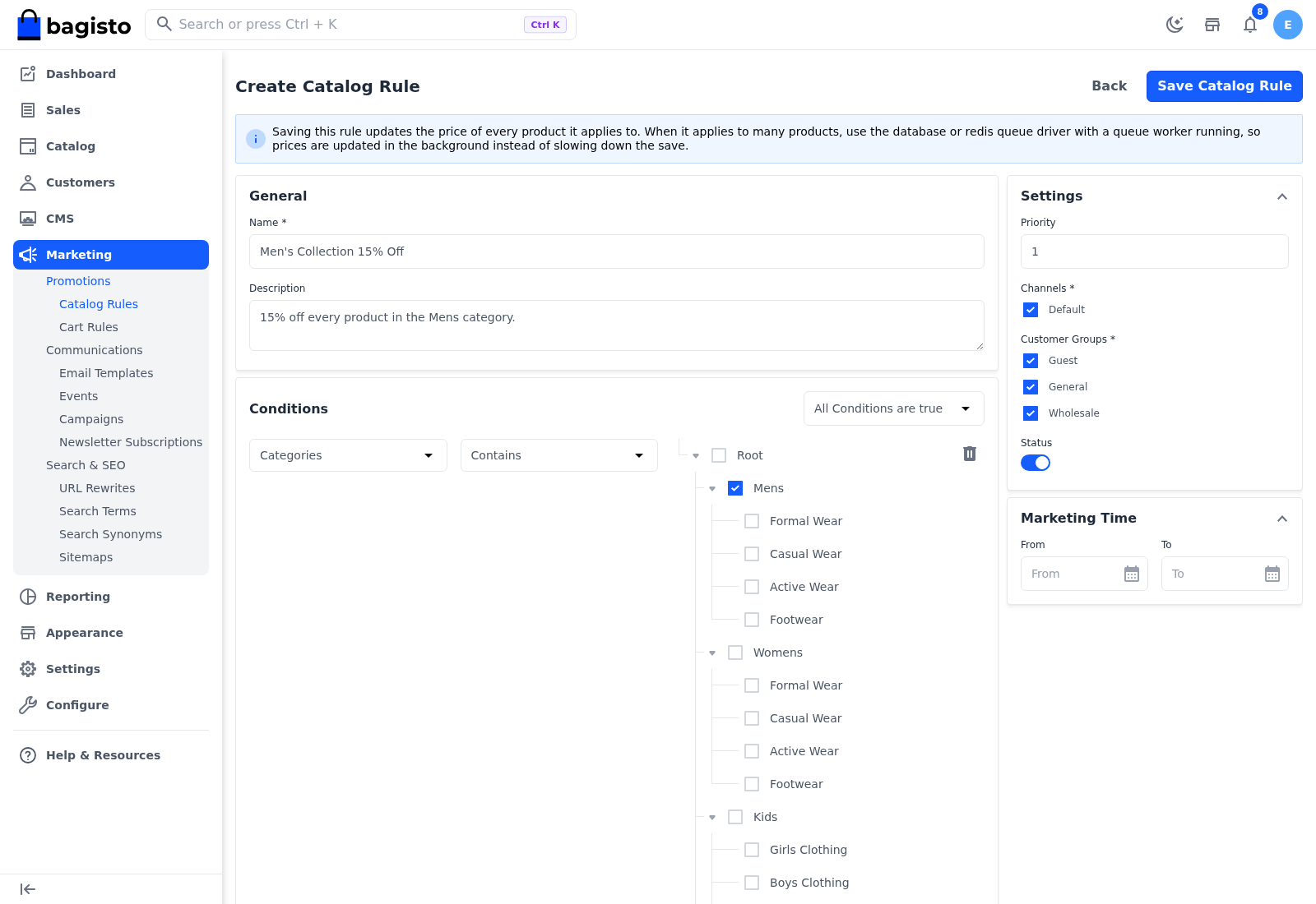 The Create Catalog Rule page with a Categories condition for Mens, a 15 percent discount and the Settings panel