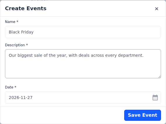 The Create Events dialog with the name Black Friday, a description and a date