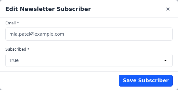 The Edit Newsletter Subscriber dialog with the subscriber's email and the Subscribed setting