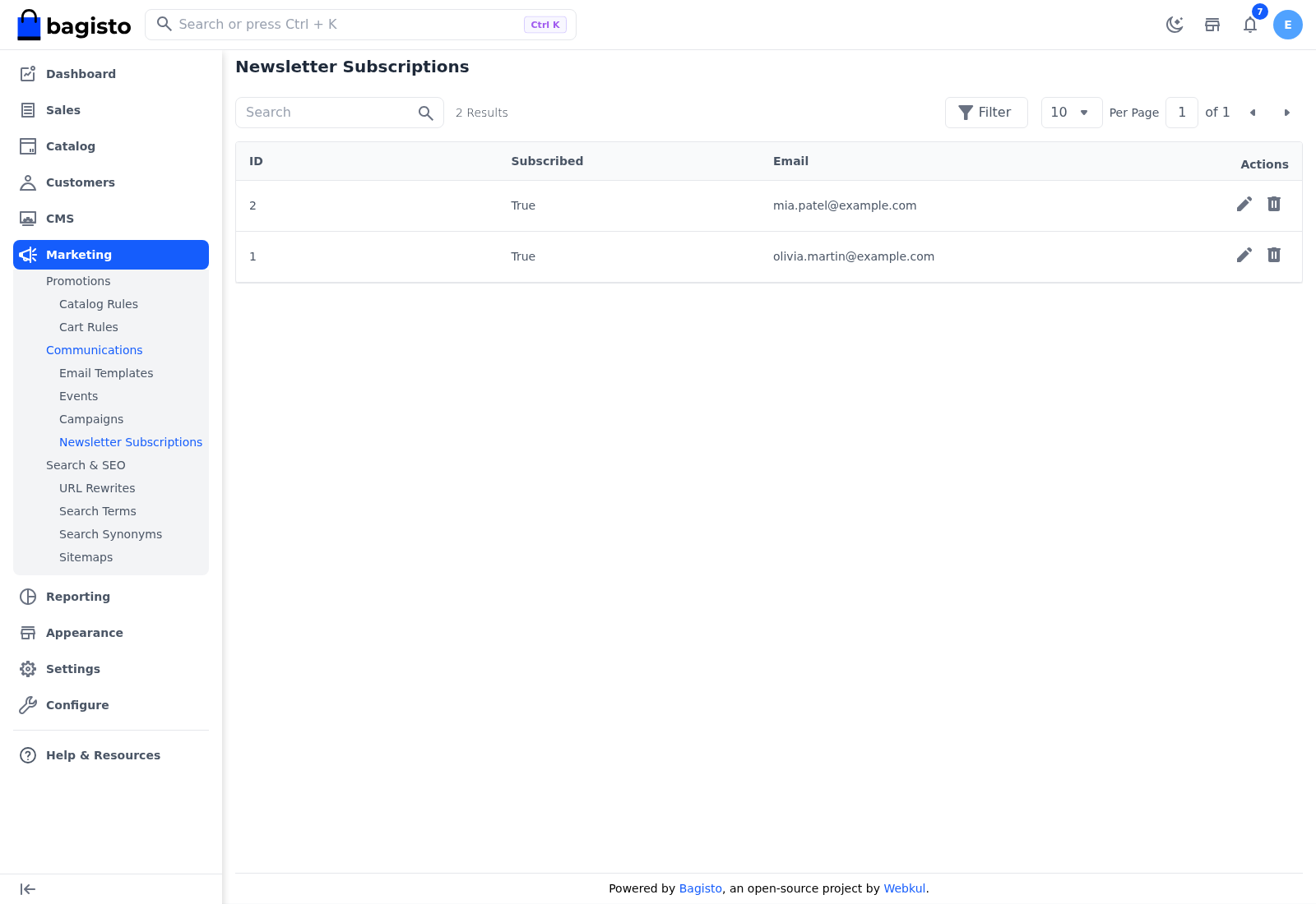 The Newsletter Subscriptions list with two subscribers
