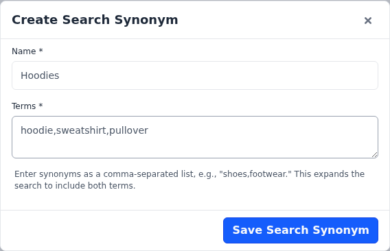 The Create Search Synonym dialog with the name Hoodies and three terms