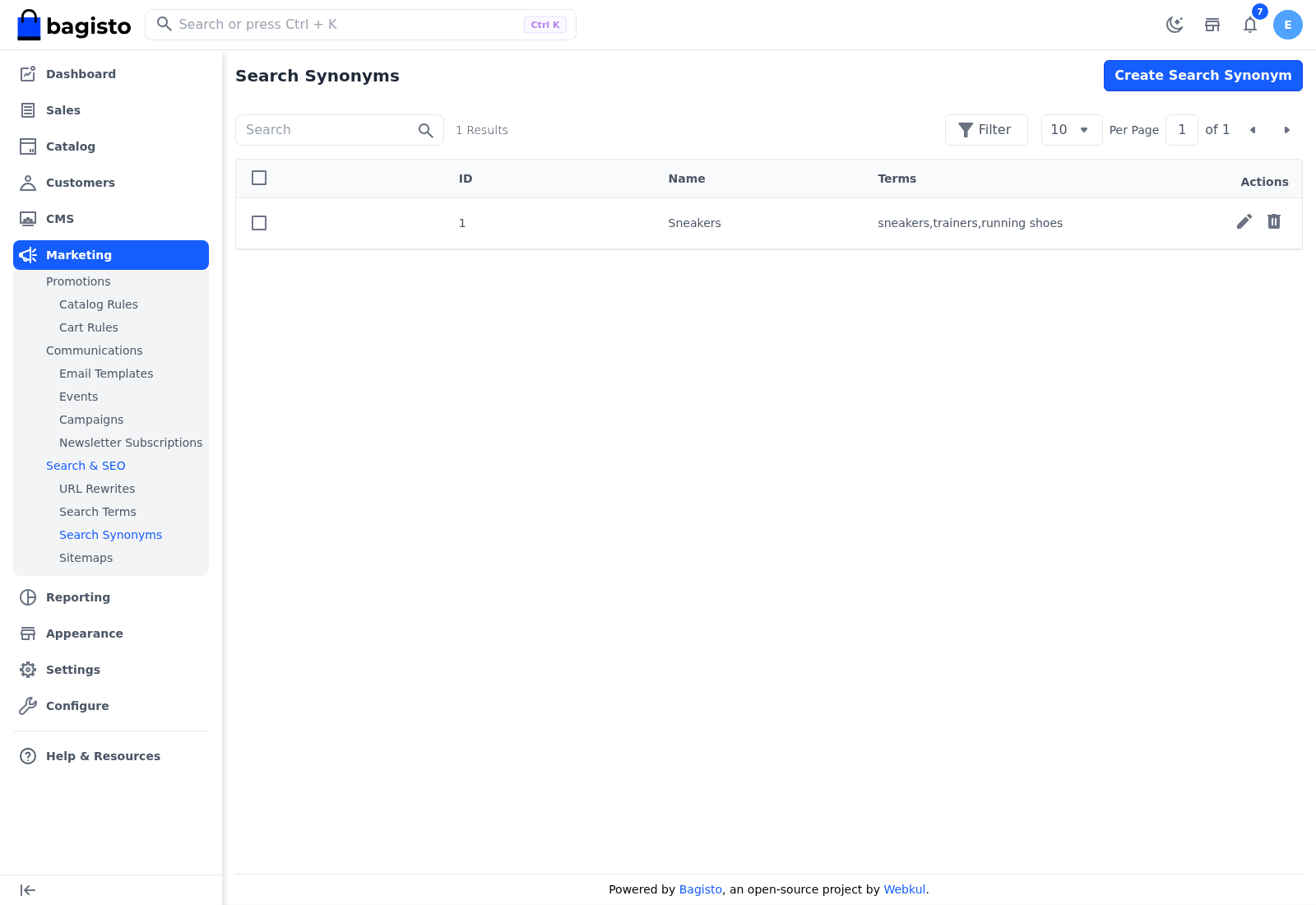 The Search Synonyms list with a synonym group and its terms