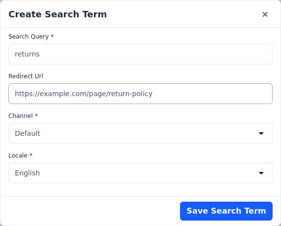 The Create Search Term dialog sending the search returns to the Return Policy page