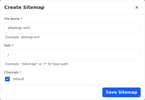 The Create Sitemap dialog with sitemap.xml, the base path and the Default channel