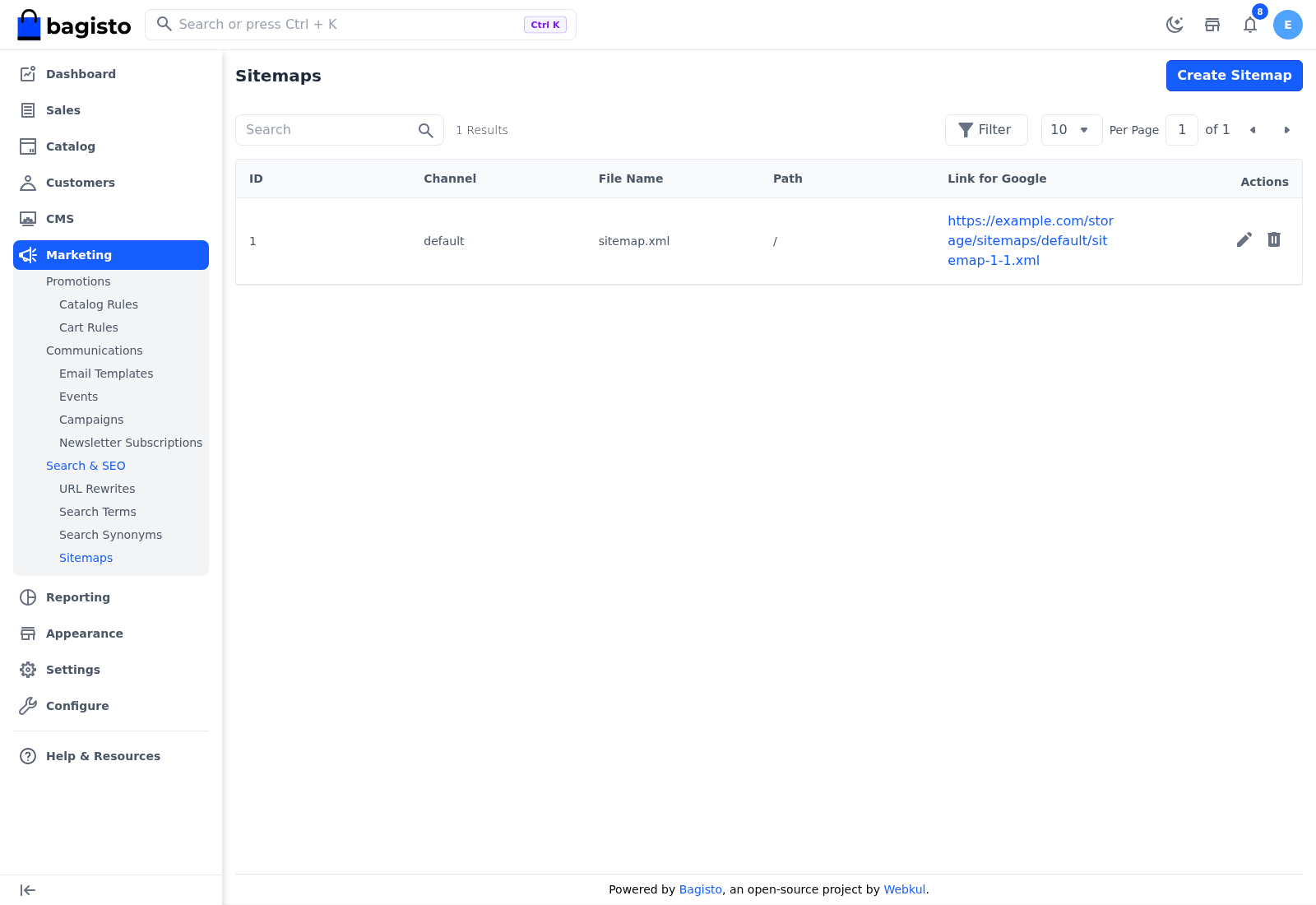 The Sitemaps list with a sitemap for the Default channel and its Link for Google address
