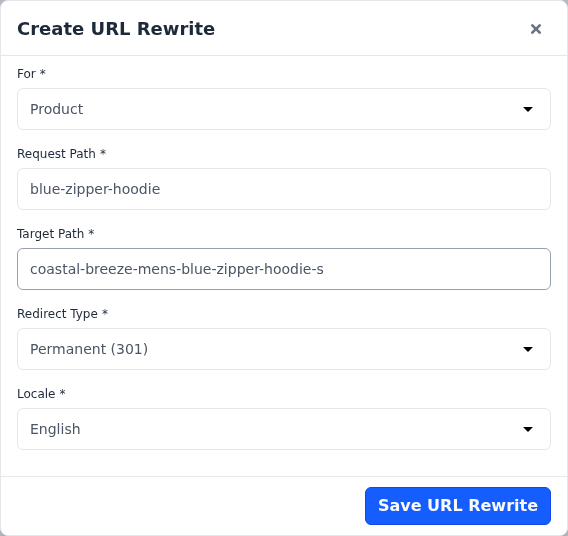 The Create URL Rewrite dialog sending blue-zipper-hoodie to a product's URL key with a permanent redirect