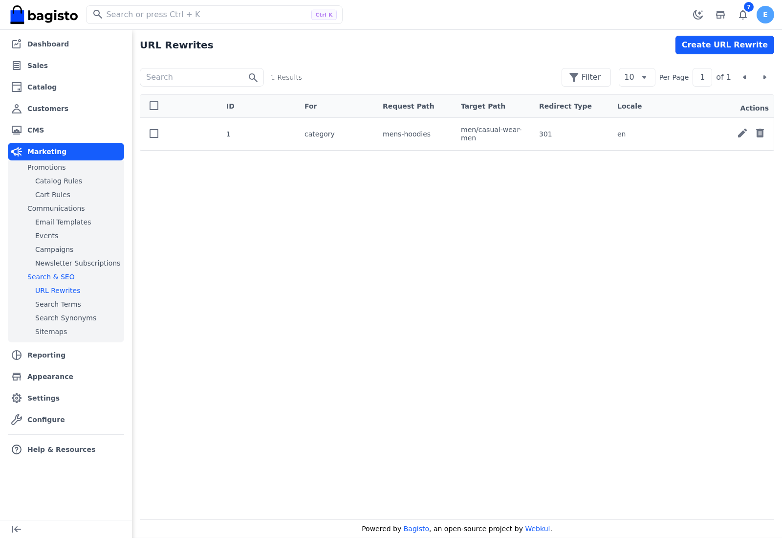 The URL Rewrites list with a rewrite and its request path, target path and redirect type