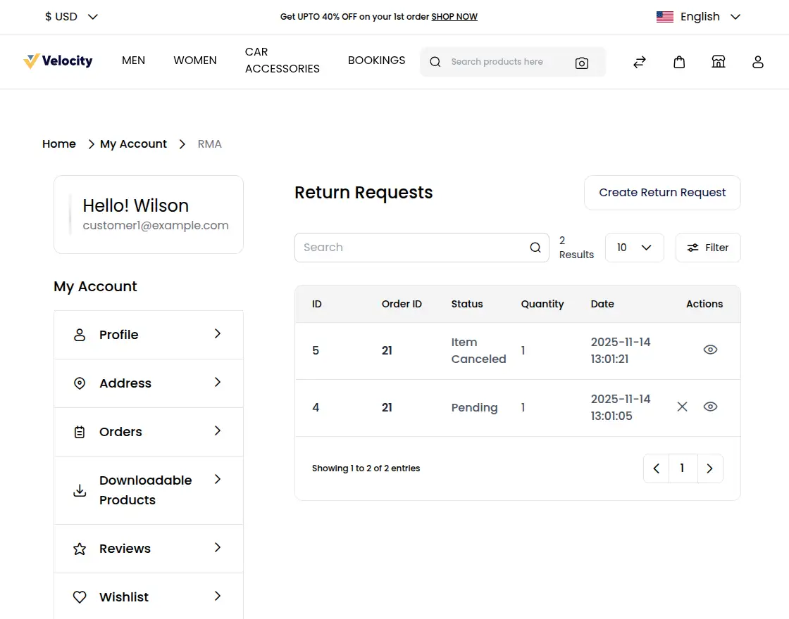 Customer Email and Password