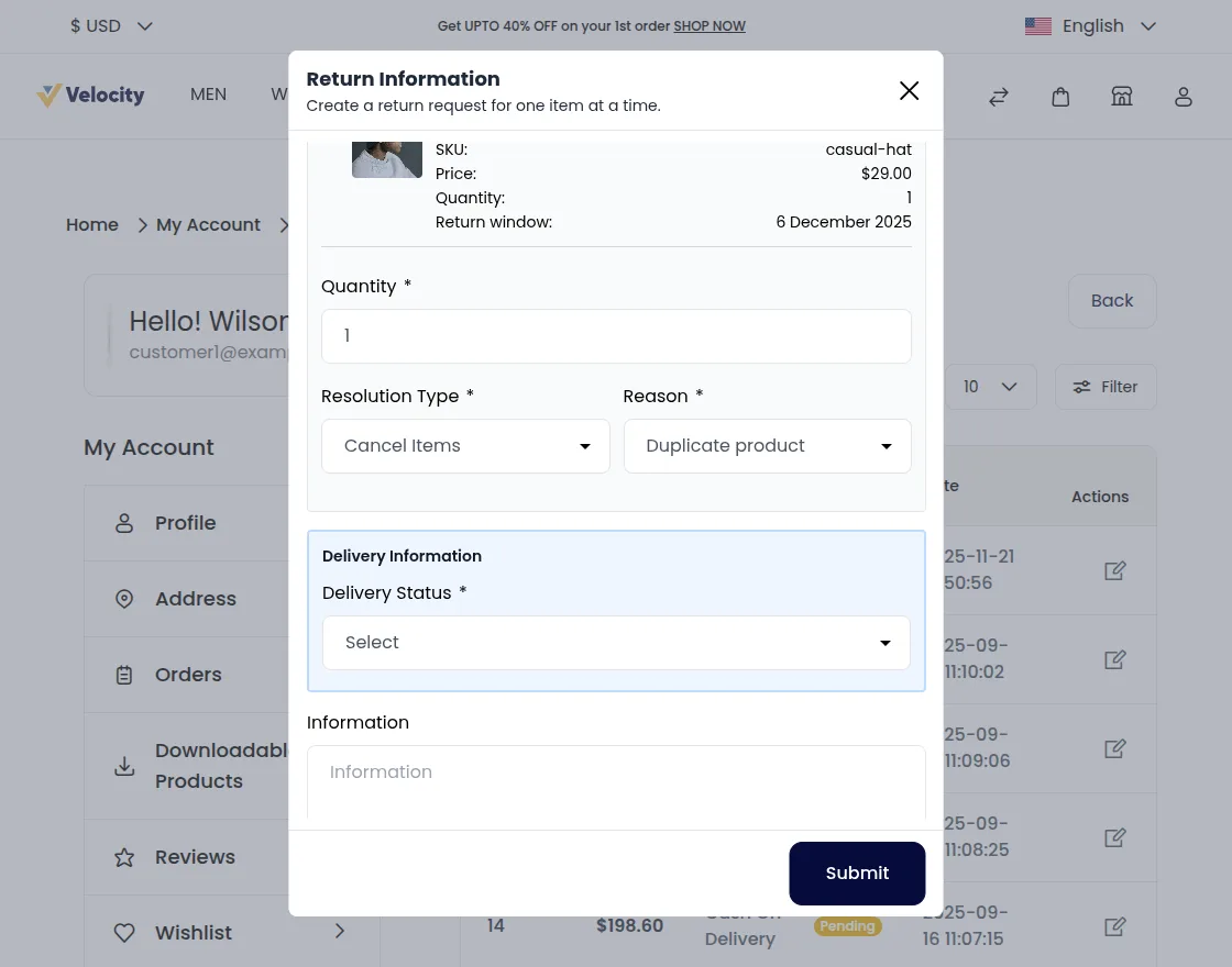 Customer Email and Password