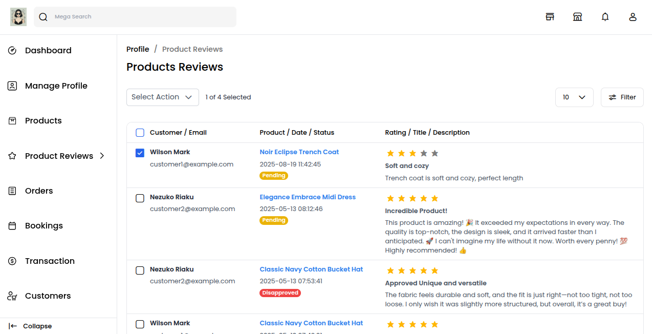 Seller Product Select Action