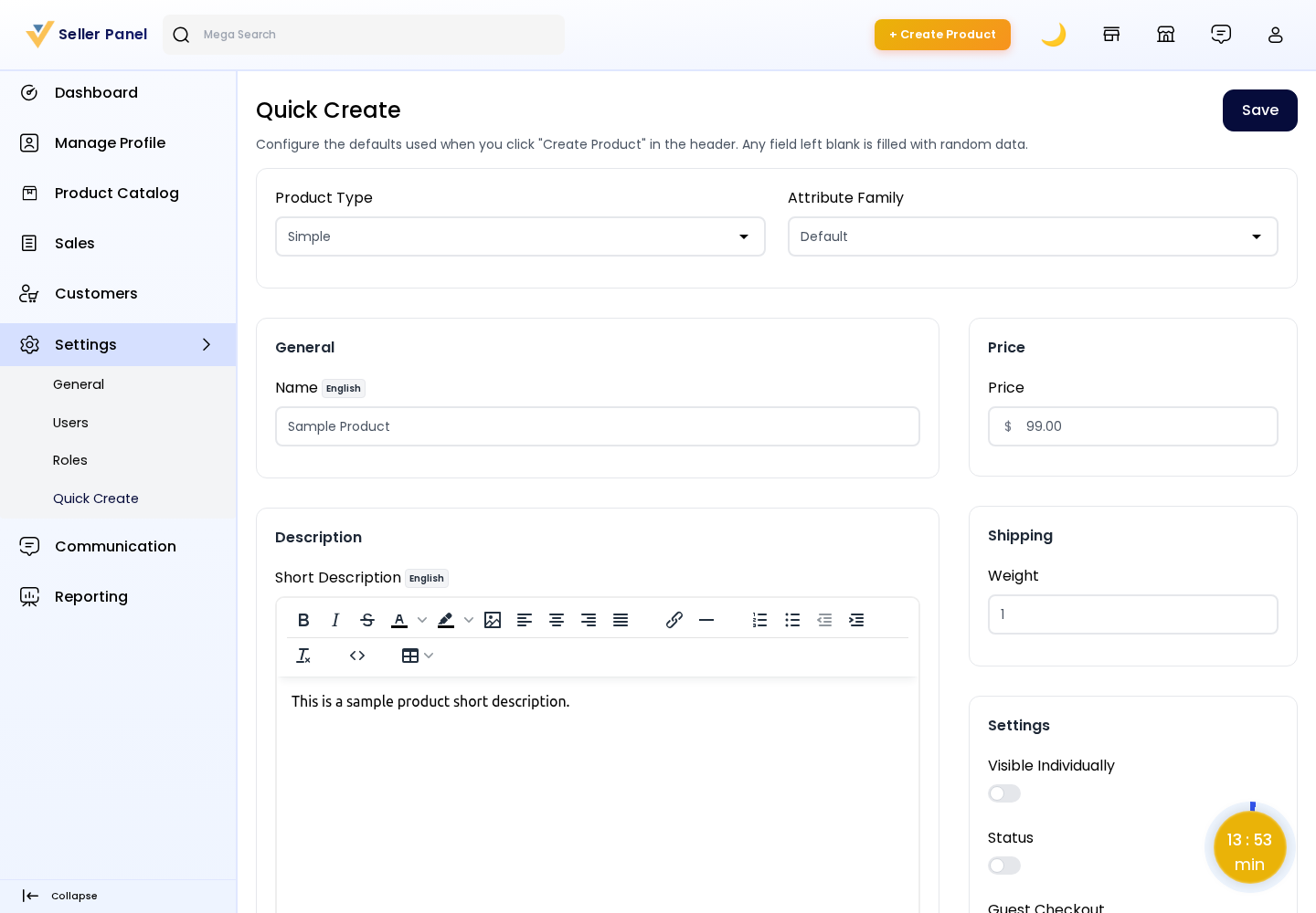 Quick Create Settings