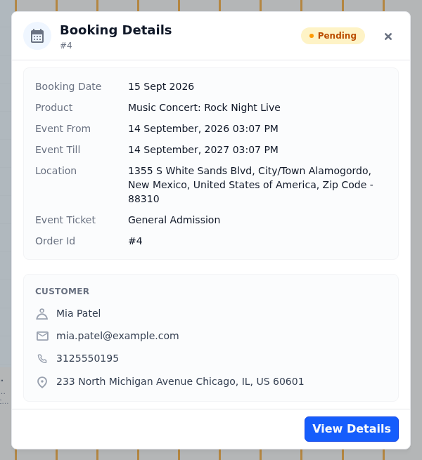 Booking Details window with the product, booking options, order and customer