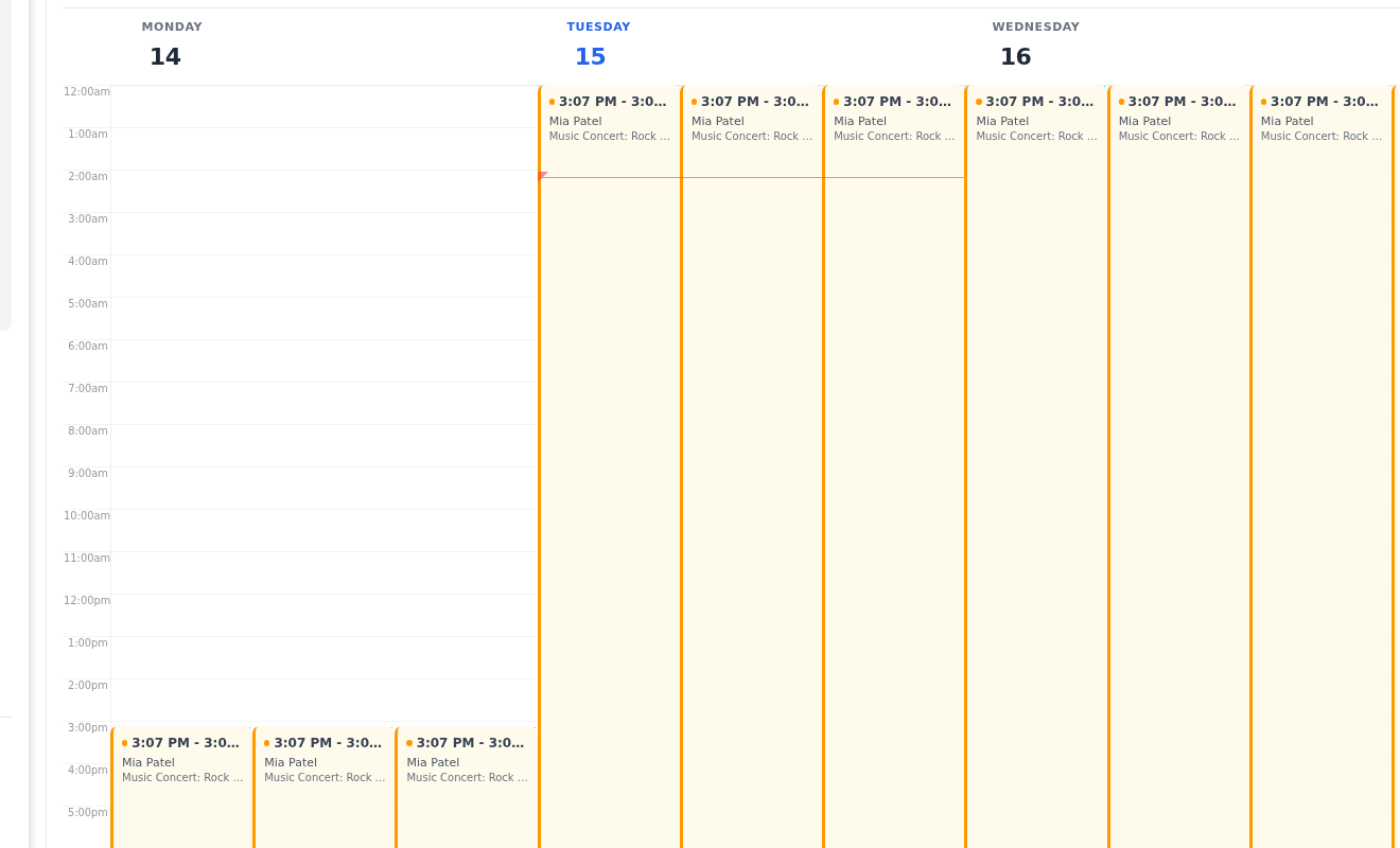 Bookings calendar from Monday to Wednesday with booked event slots showing the time, customer and product