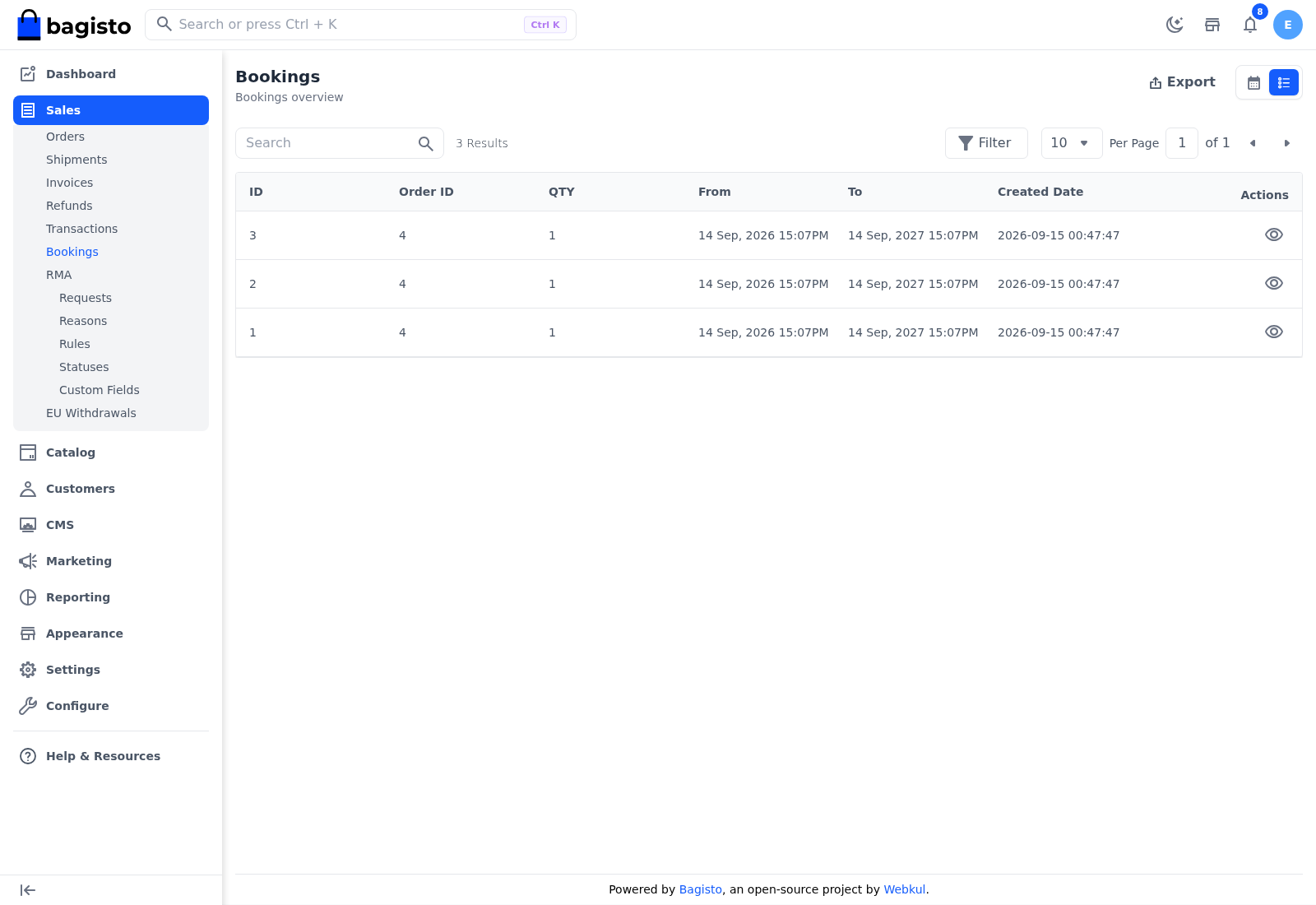 Bookings list with the order, quantity and booked dates