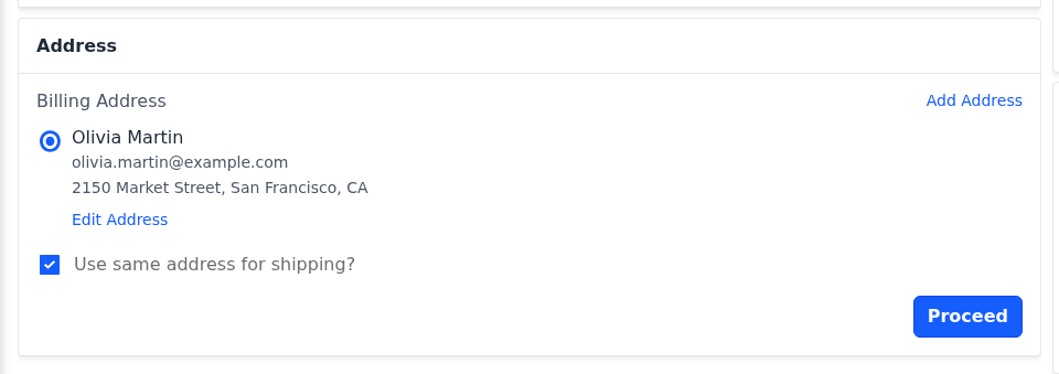 Address step with the billing address selected and Use same address for shipping ticked