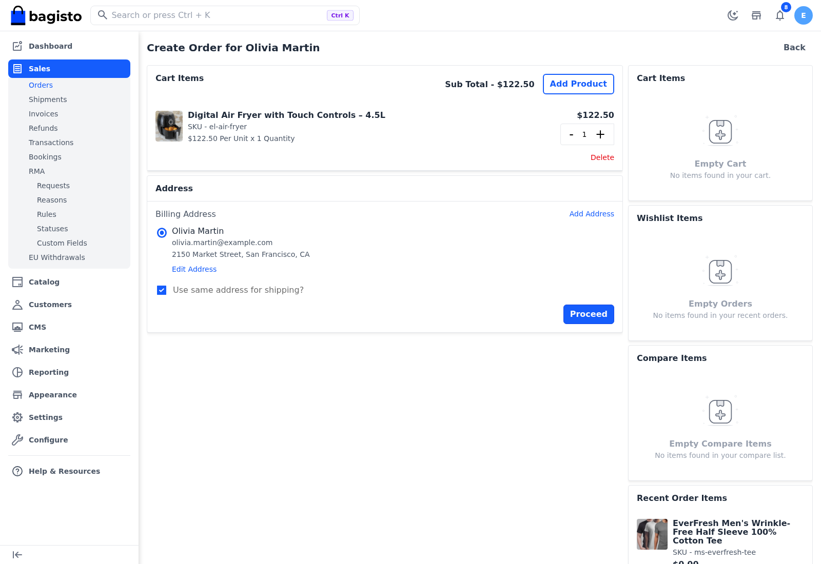 Create Order page with a product in Cart Items and the customer's cart, wishlist, compare and recent order panels