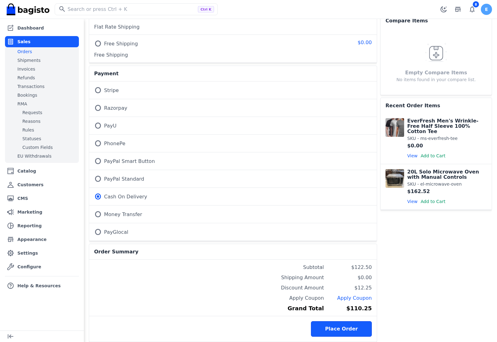 Payment step with Cash On Delivery chosen and the Order Summary with Place Order