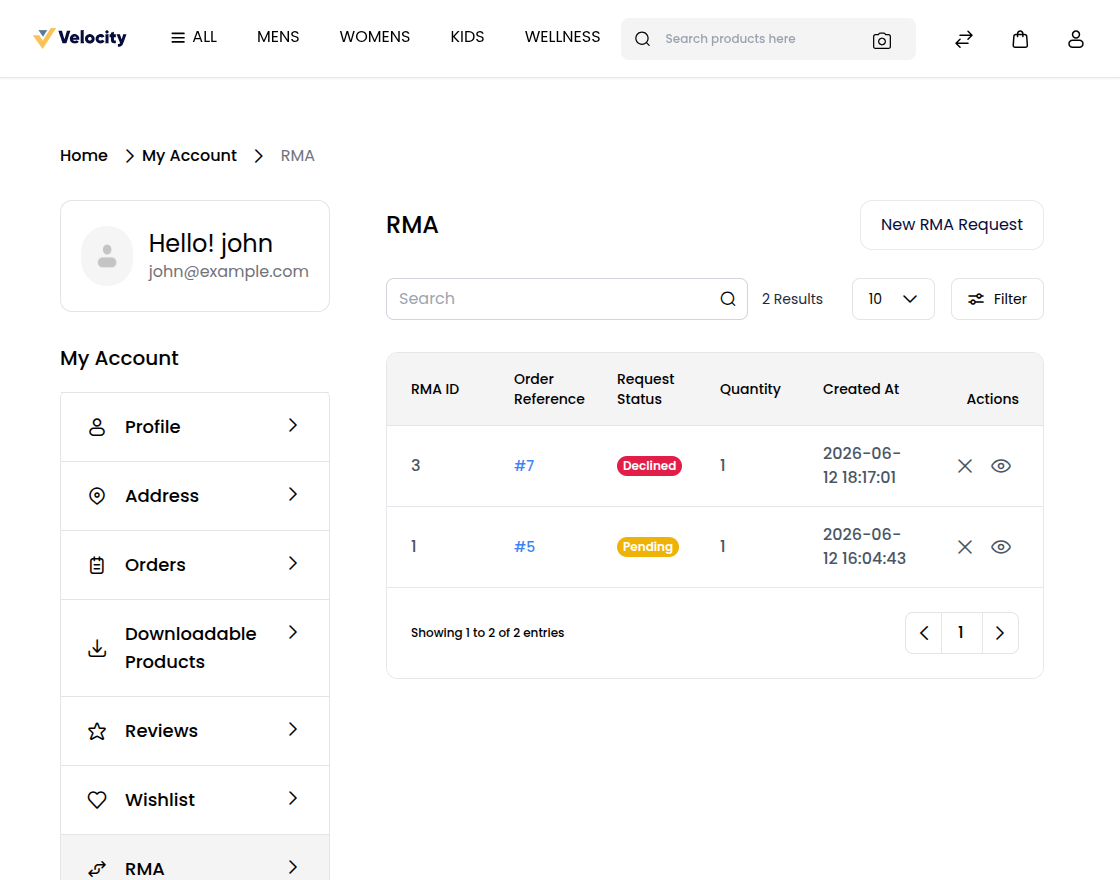 RMA Customer View
