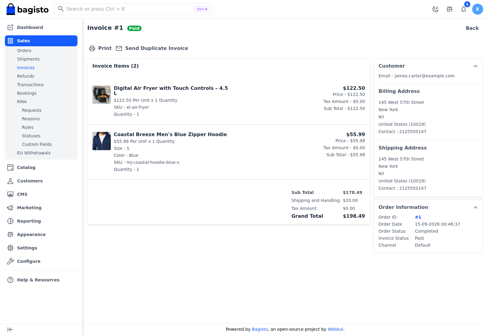 Invoice page with Print, Send Duplicate Invoice, the invoice items and order information