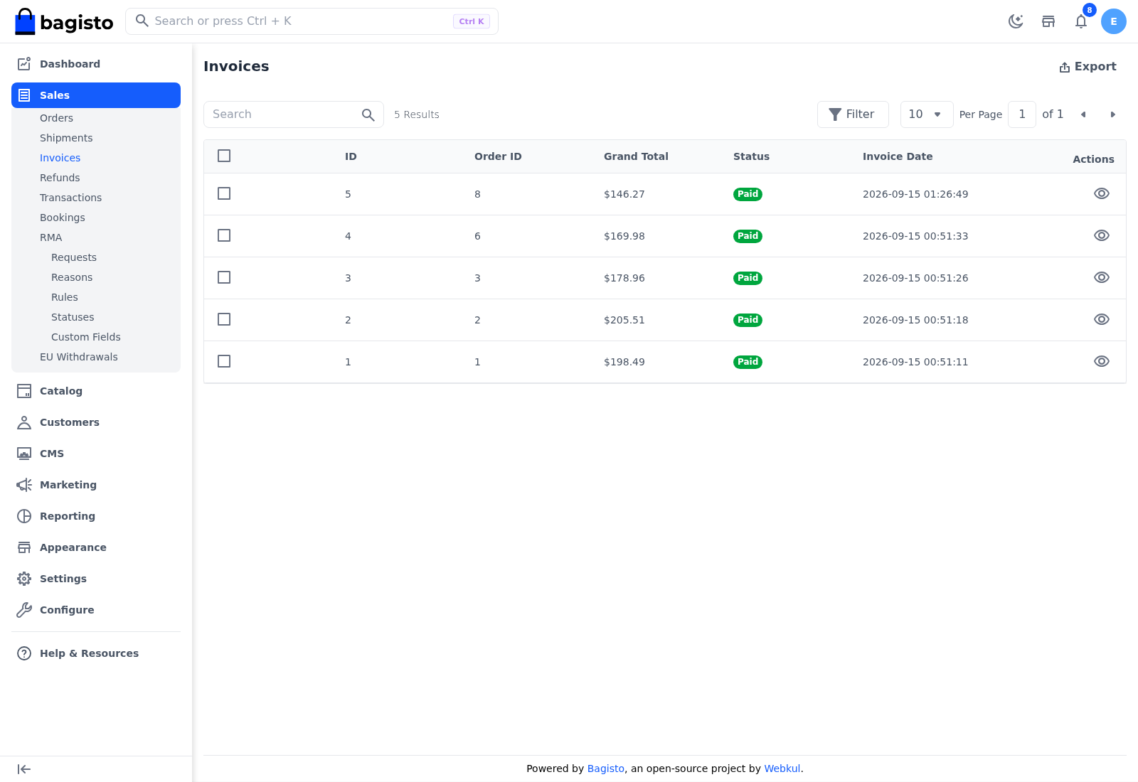Invoices screen listing invoices with their order, total and status