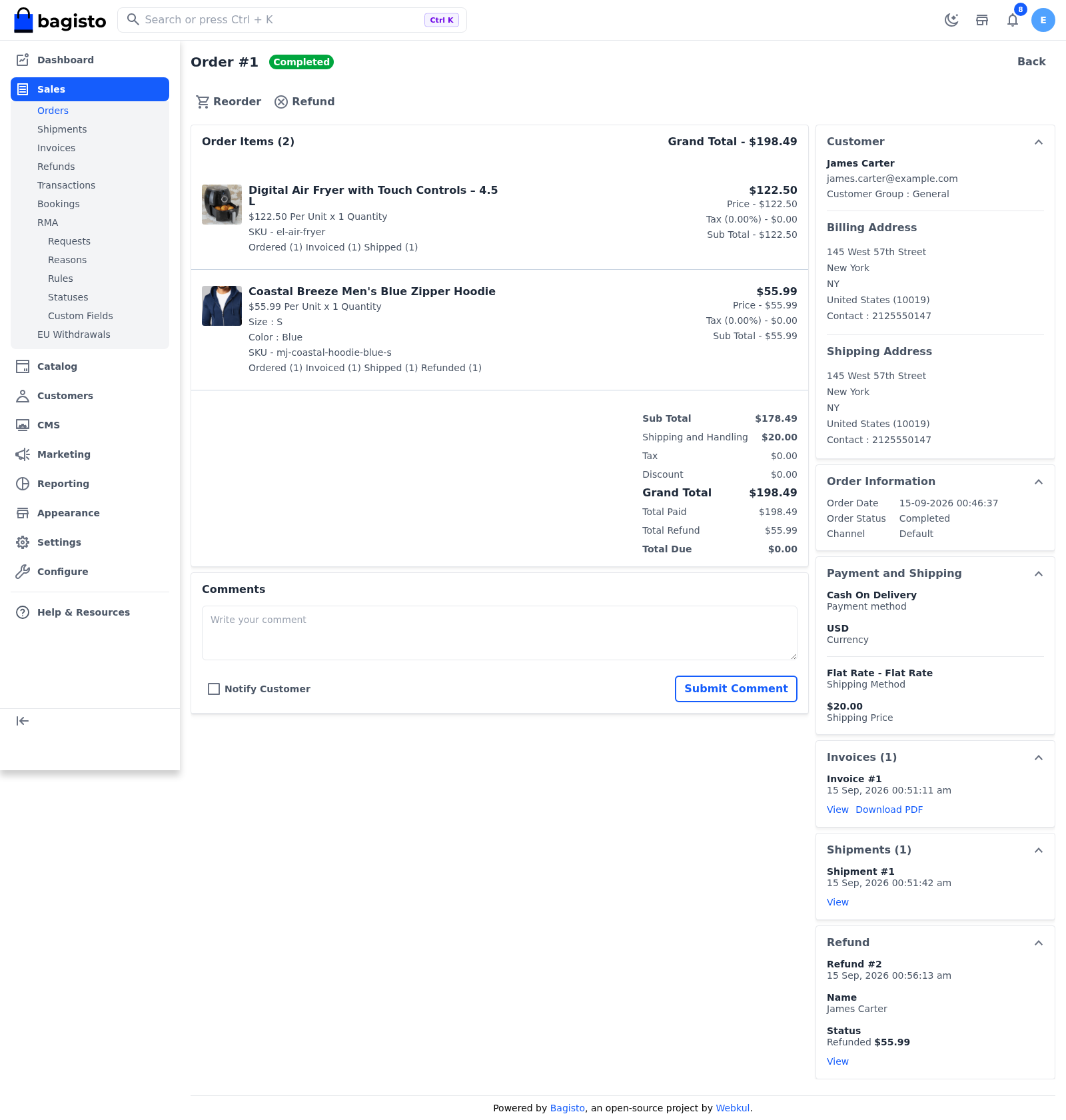 Order page with the actions, order items, totals and the customer, payment and document cards