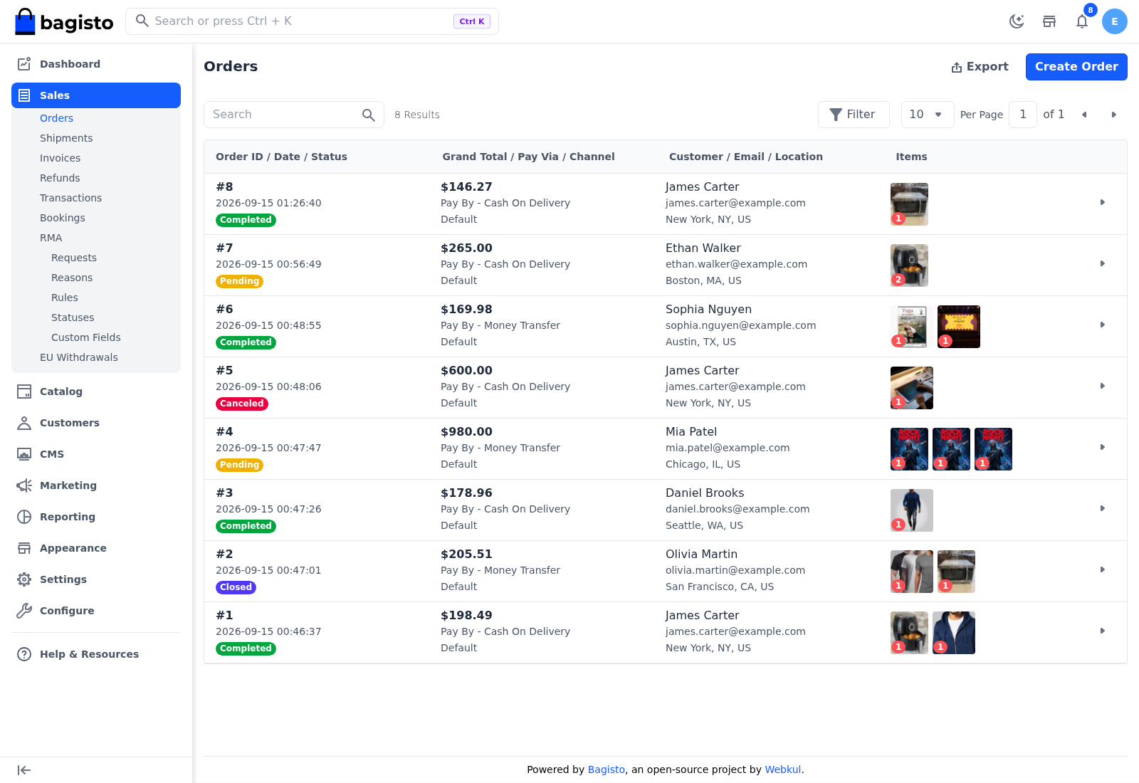 Orders screen listing orders with their status, totals, customer and items