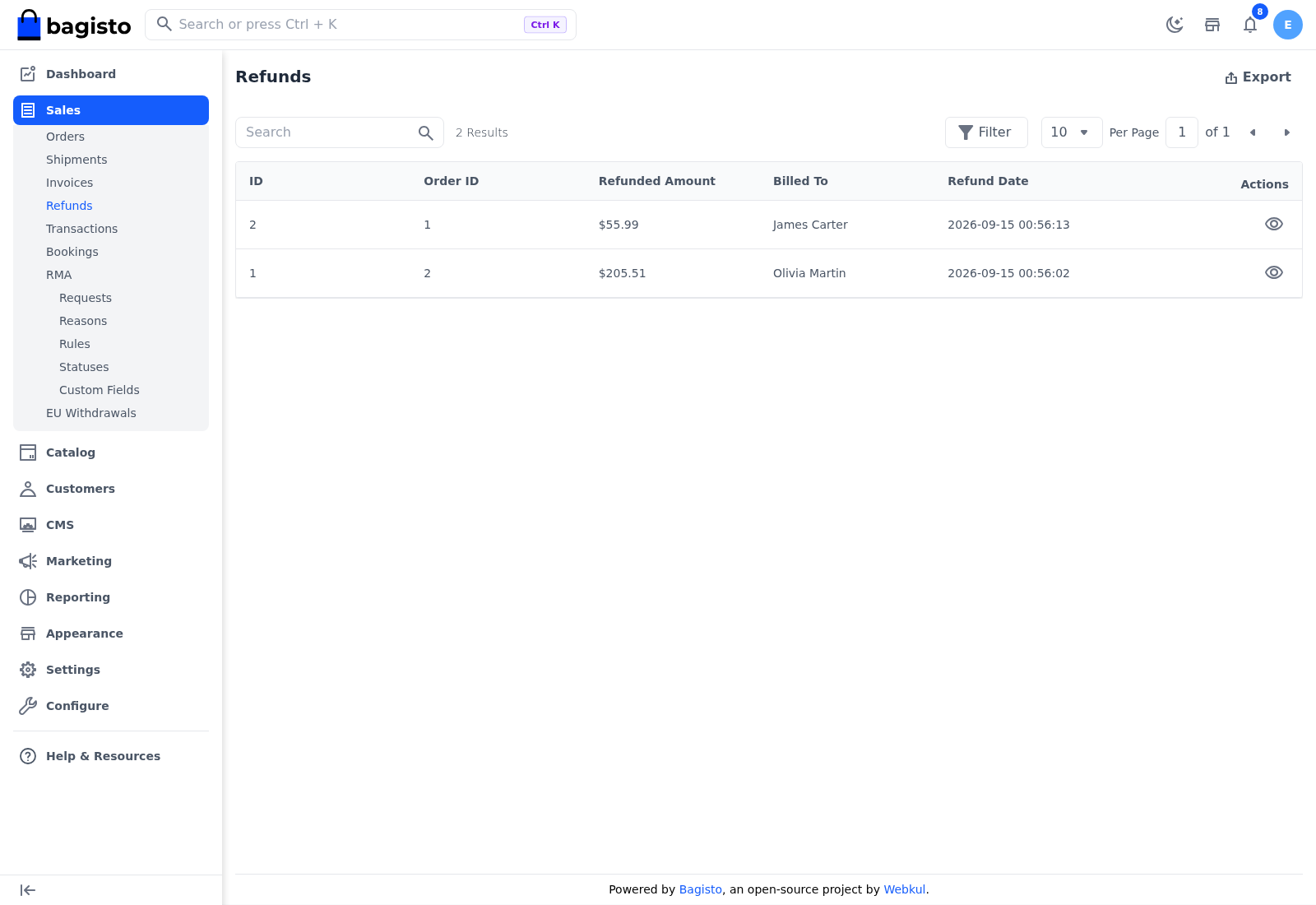 Refunds screen listing refunds with their order and amount